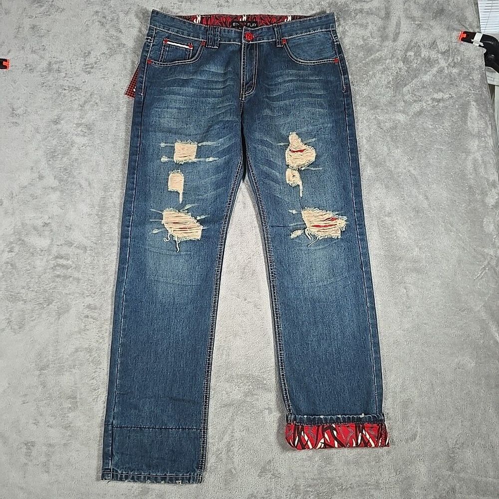 Comme des Garcons Mens Straight Distressed Blue Jeans with Red Accent